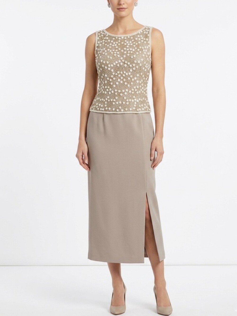 Adriana Papell Occasions Silk Beaded Two Piece Set 6 Tan Sleeveless Midi Skirt